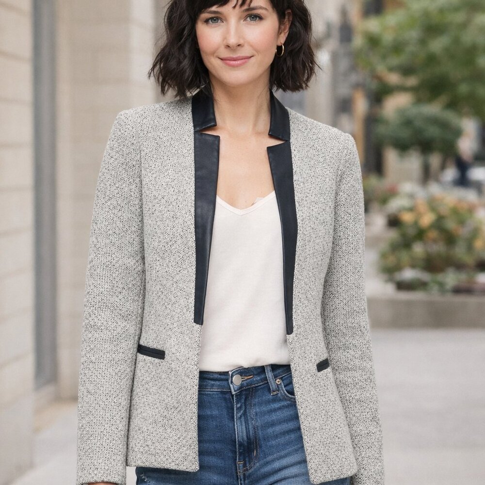 Evereve Peyton Jensen Grey Tweed Blazer w/ Vegan Leather Trim